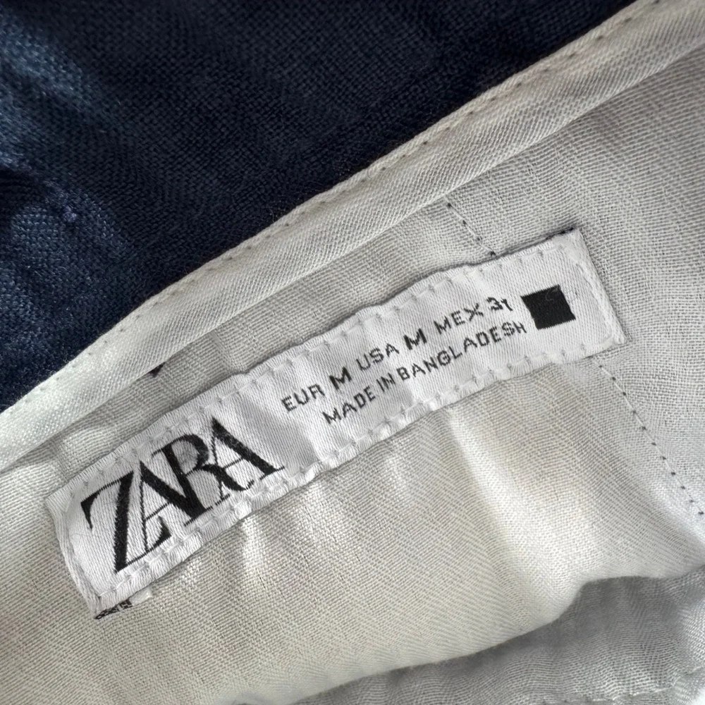 Zara Linen Blend Pants Womens Medium Navy Drawstring Straight Leg Summer